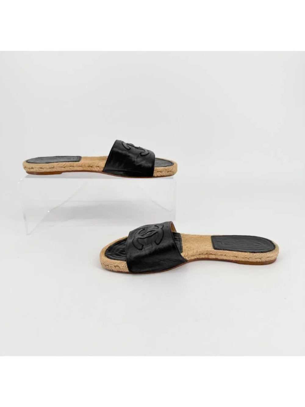 Chanel CC Flat Espadrille Mule Slide Sandals Black Leather Size 38 US 7-7.5 - Picture 11 of 15